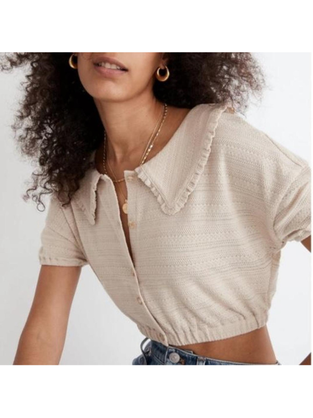 Madewell Ruffle Collared Crop Top in Wet Sand - Size S